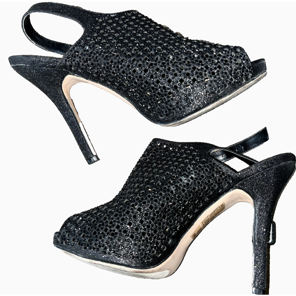 Lauren Lorraine Stiletto Peep Toe Sling Back Glitter Evening Size 8 Black Heels